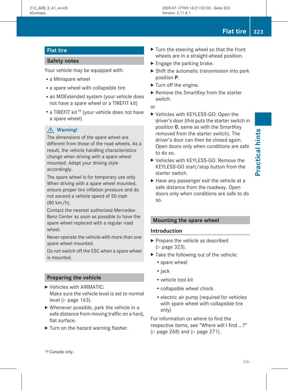 Flat tire, Safety notes, Preparing the vehicle | Mounting the spare wheel, Tire, If necessary, change the wheel, Practical hints | Mercedes-Benz E-Sedan 2010 Owners Manual User Manual | Page 325 / 372