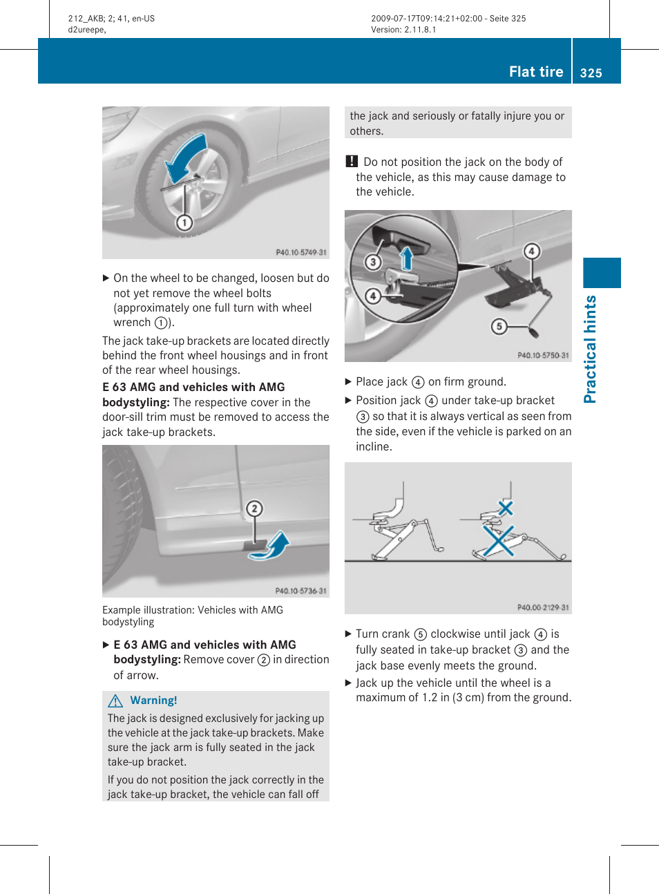 Practical hints, Flat tire | Mercedes-Benz E-Sedan 2010 Owners Manual User Manual | Page 327 / 372