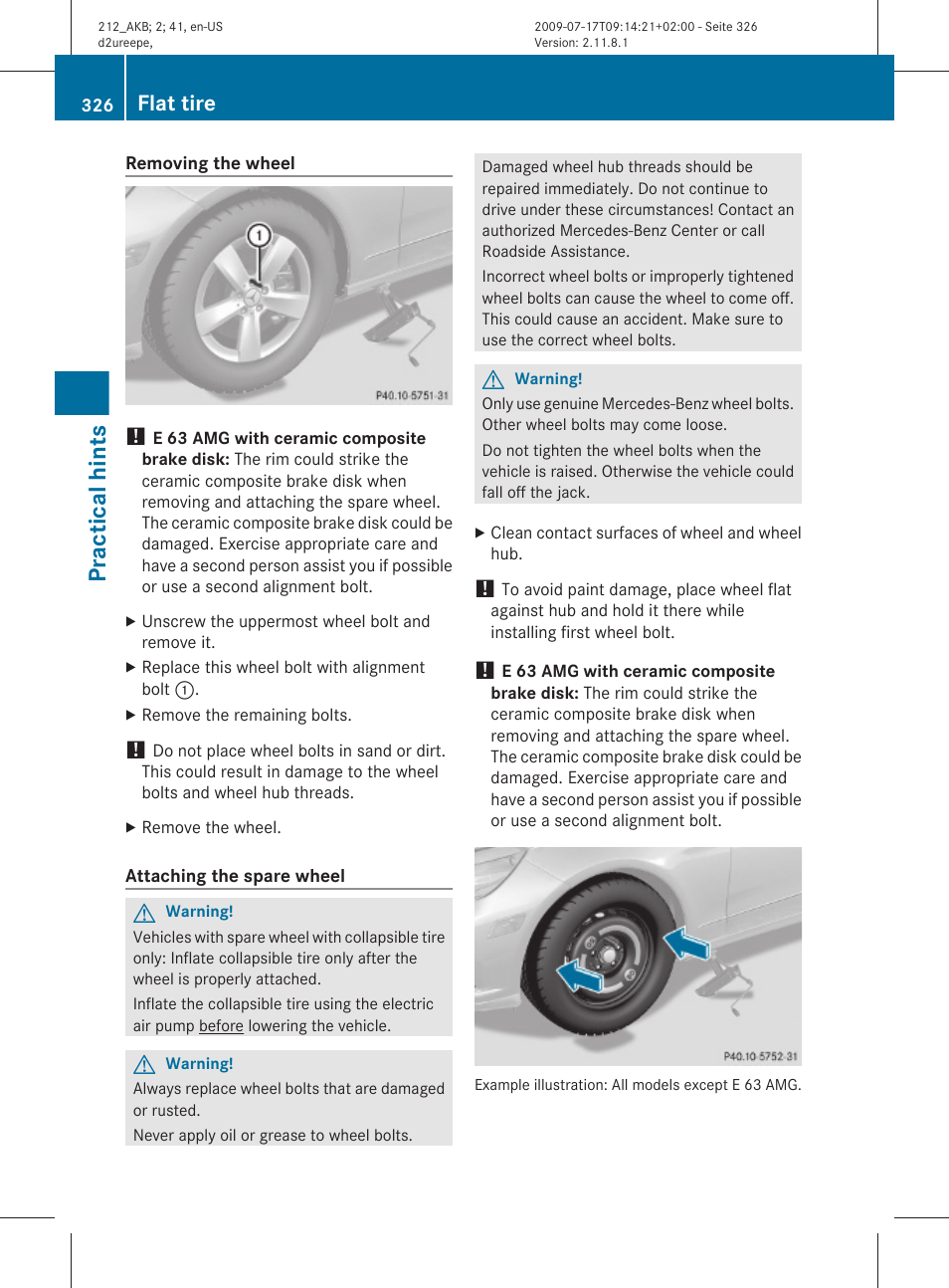 Practical hints, Flat tire | Mercedes-Benz E-Sedan 2010 Owners Manual User Manual | Page 328 / 372