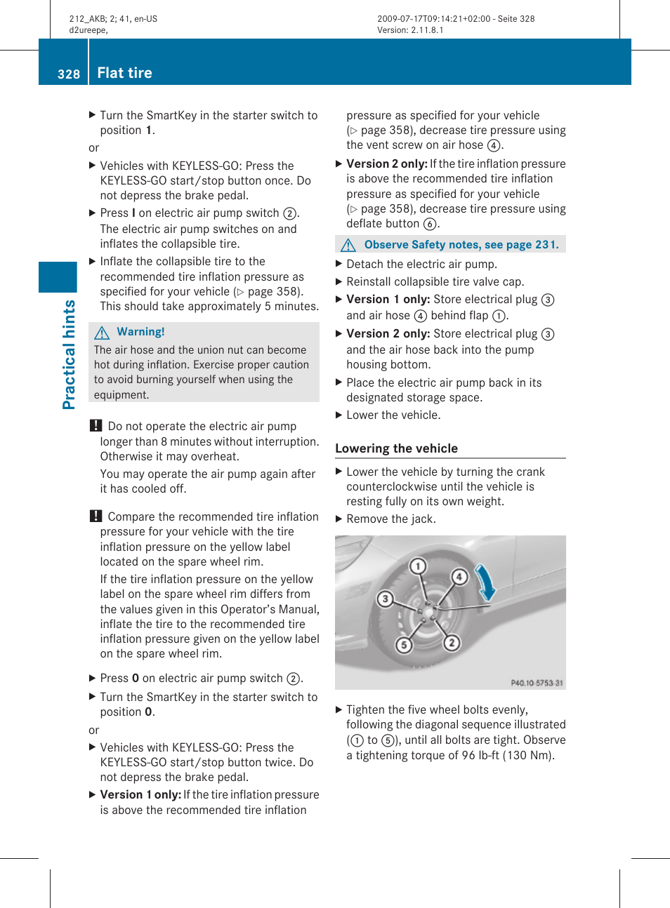 Vehicle, Practical hints, Flat tire | Mercedes-Benz E-Sedan 2010 Owners Manual User Manual | Page 330 / 372