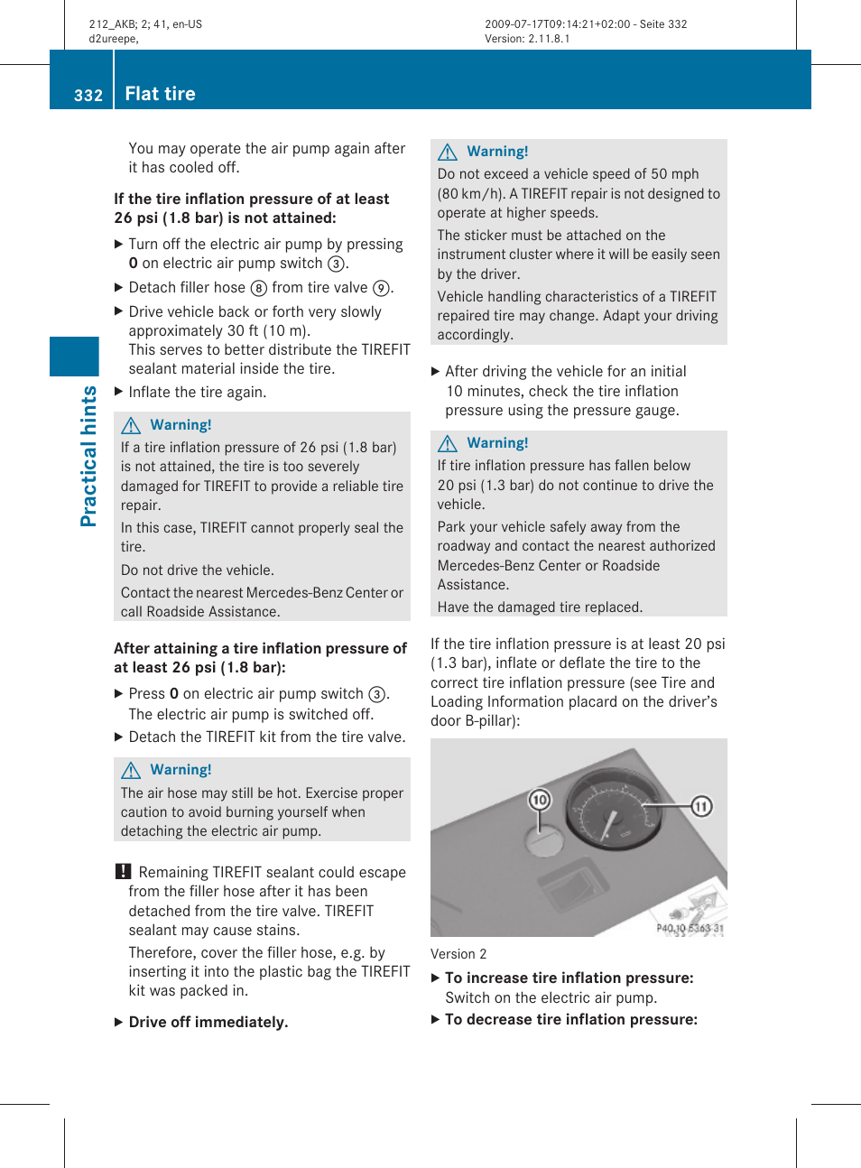 Practical hints, Flat tire | Mercedes-Benz E-Sedan 2010 Owners Manual User Manual | Page 334 / 372