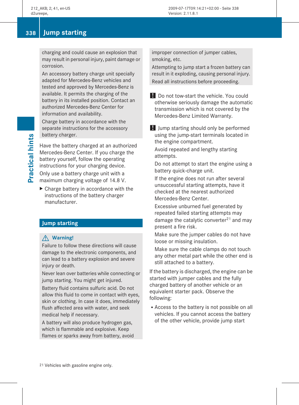 Jump starting, Get a jump start, Practical hints | Mercedes-Benz E-Sedan 2010 Owners Manual User Manual | Page 340 / 372