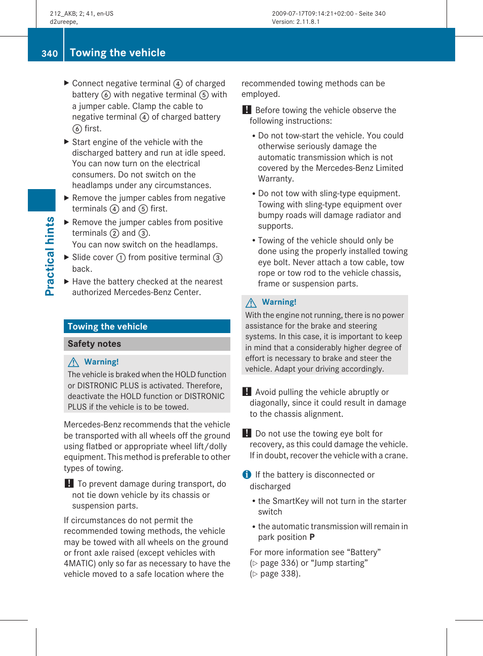 Towing the vehicle, Safety notes, Practical hints | Mercedes-Benz E-Sedan 2010 Owners Manual User Manual | Page 342 / 372