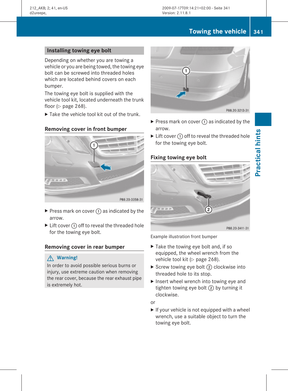 Installing towing eye bolt, Practical hints, Towing the vehicle | Mercedes-Benz E-Sedan 2010 Owners Manual User Manual | Page 343 / 372