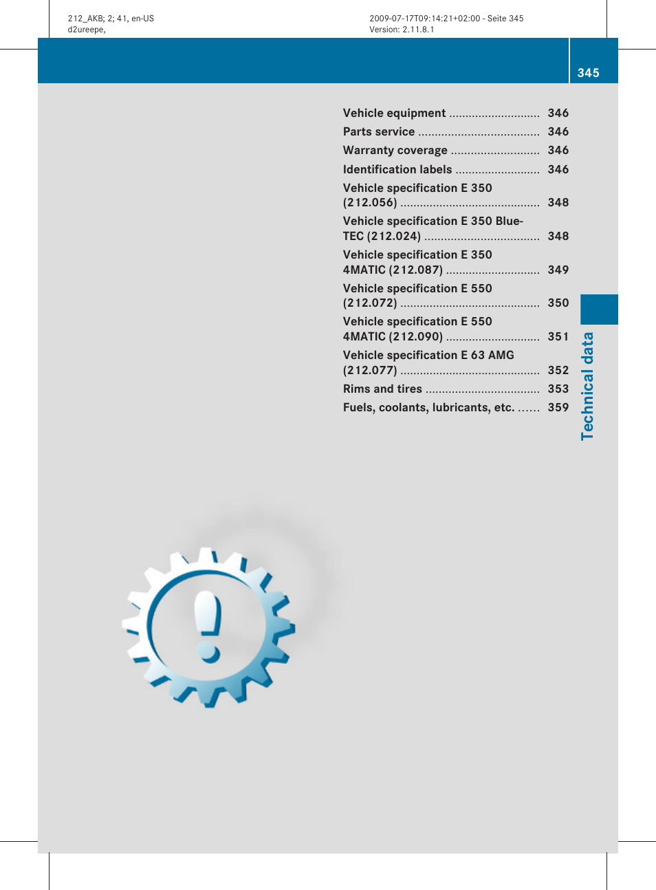 Technical data | Mercedes-Benz E-Sedan 2010 Owners Manual User Manual | Page 347 / 372