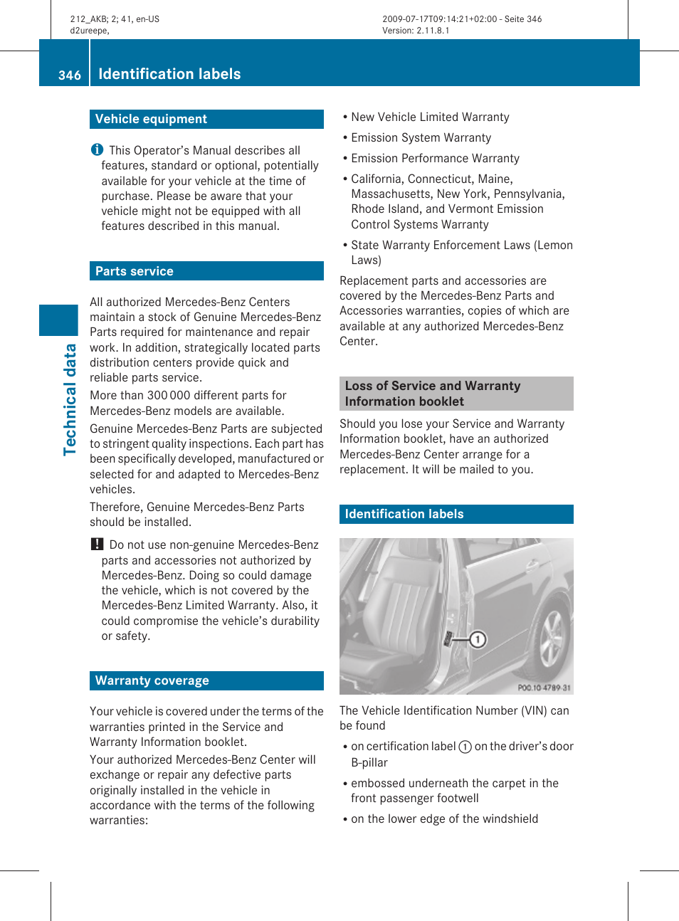 Technical data, Vehicle equipment, Parts service | Warranty coverage, Loss of service and warranty information booklet, Identification labels | Mercedes-Benz E-Sedan 2010 Owners Manual User Manual | Page 348 / 372