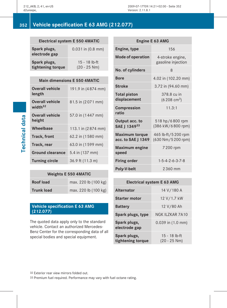 Vehicle specification e 63 amg (212.077), Technical data | Mercedes-Benz E-Sedan 2010 Owners Manual User Manual | Page 354 / 372