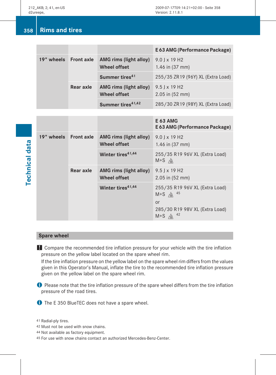 Spare wheel, Operator’s manual, Specified for your vehicle | Technical data, Rims and tires | Mercedes-Benz E-Sedan 2010 Owners Manual User Manual | Page 360 / 372