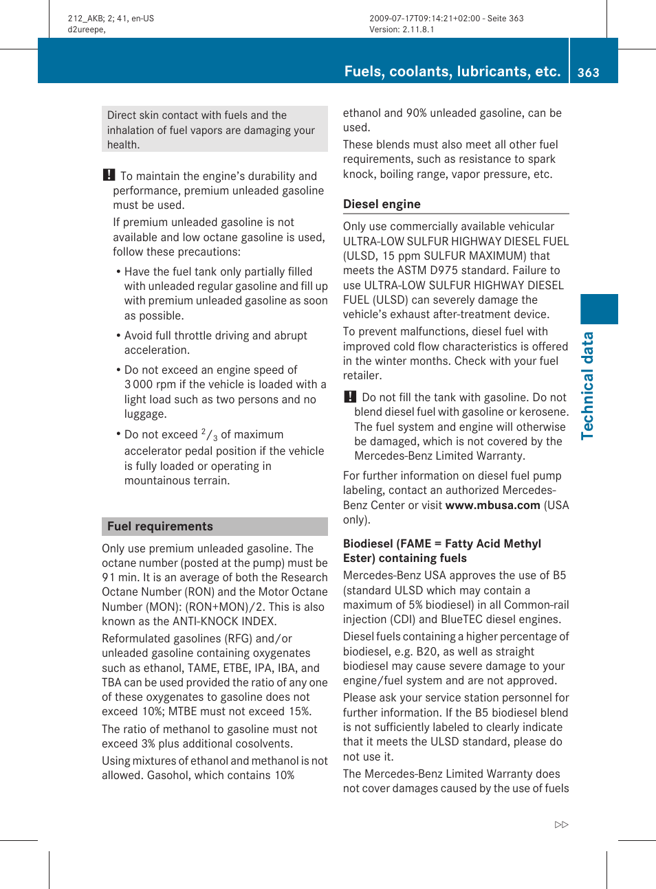 Fuel requirements, Technical data, Fuels, coolants, lubricants, etc | Mercedes-Benz E-Sedan 2010 Owners Manual User Manual | Page 365 / 372