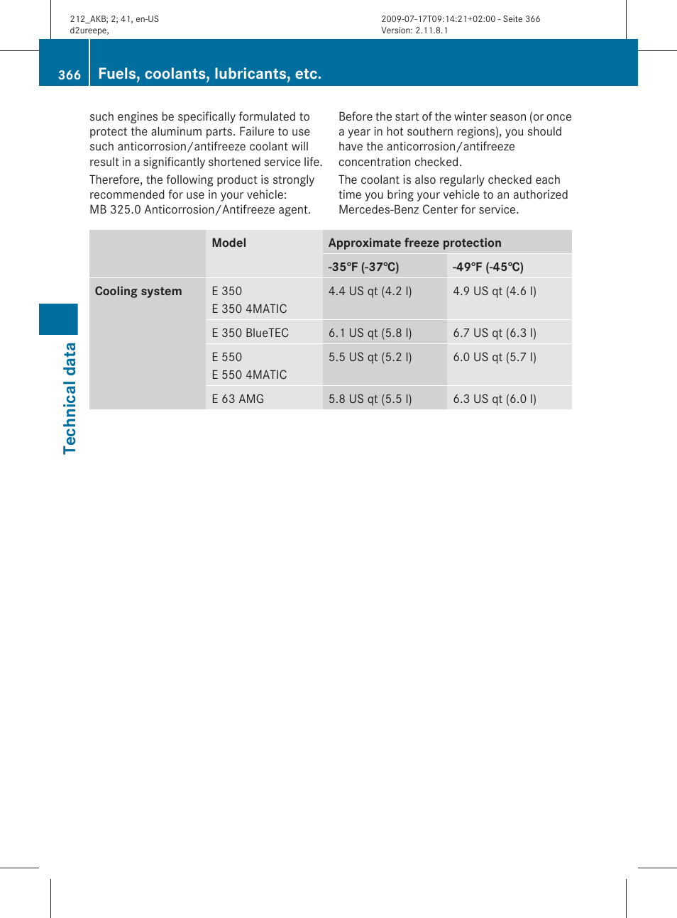 Technical data, Fuels, coolants, lubricants, etc | Mercedes-Benz E-Sedan 2010 Owners Manual User Manual | Page 368 / 372