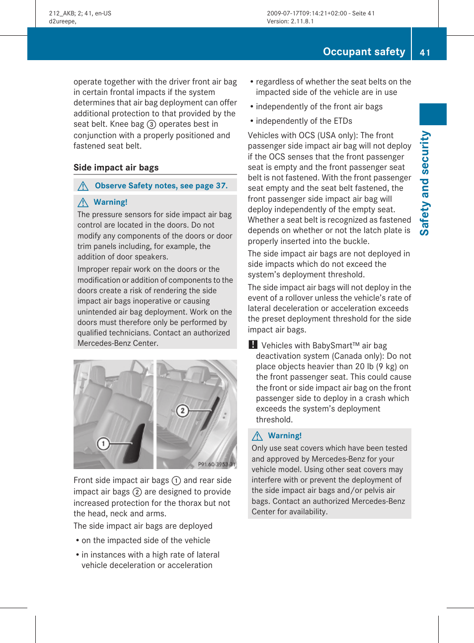 Safety and security, Occupant safety | Mercedes-Benz E-Sedan 2010 Owners Manual User Manual | Page 43 / 372