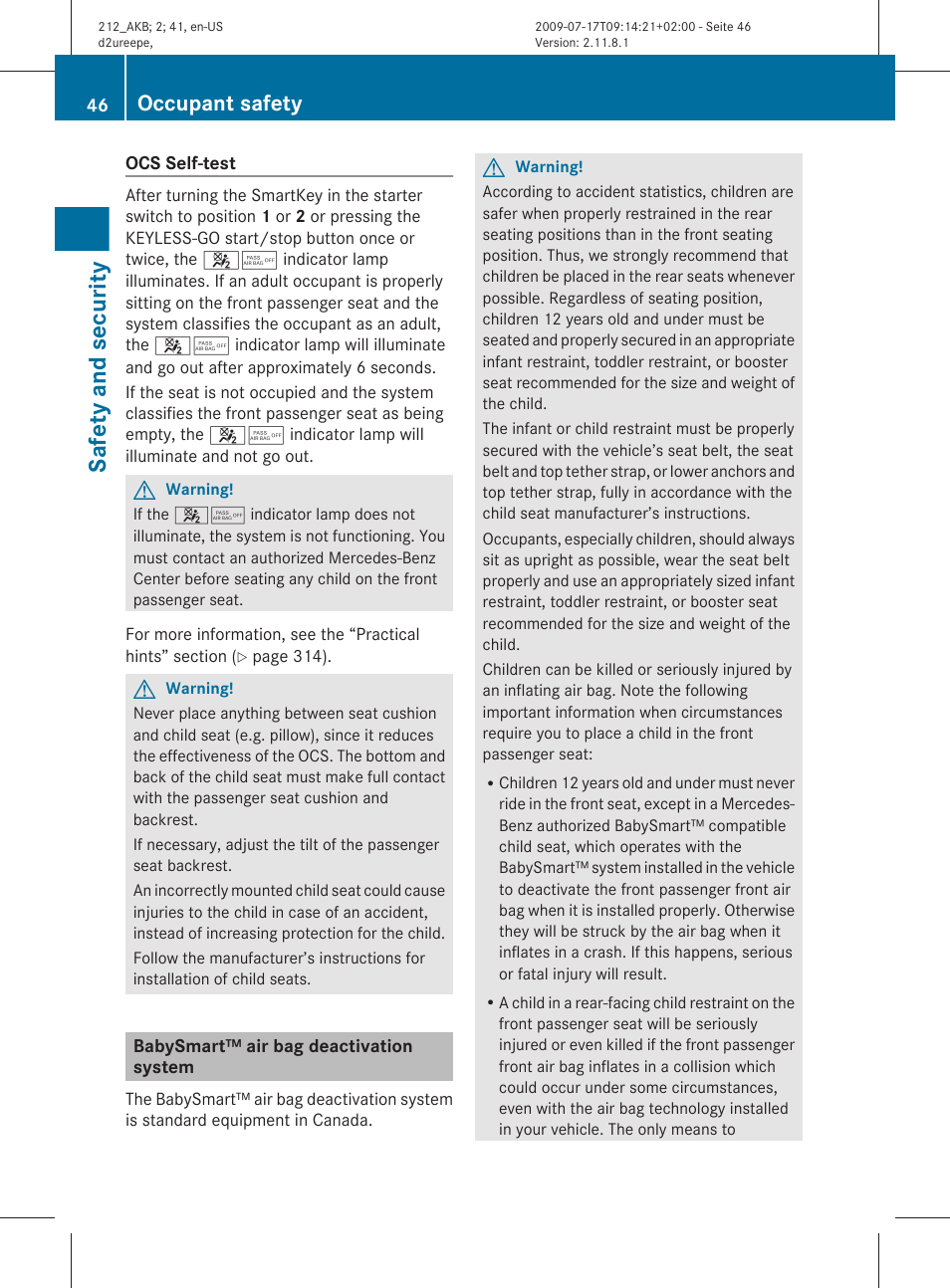 Babysmart™ air bag deactivation system, Safety and security, Occupant safety | Mercedes-Benz E-Sedan 2010 Owners Manual User Manual | Page 48 / 372