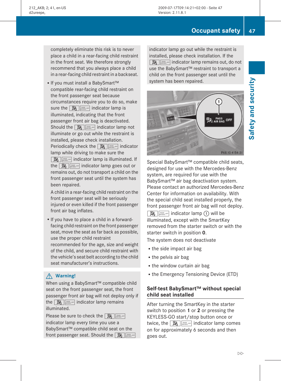 Safety and security, Occupant safety | Mercedes-Benz E-Sedan 2010 Owners Manual User Manual | Page 49 / 372