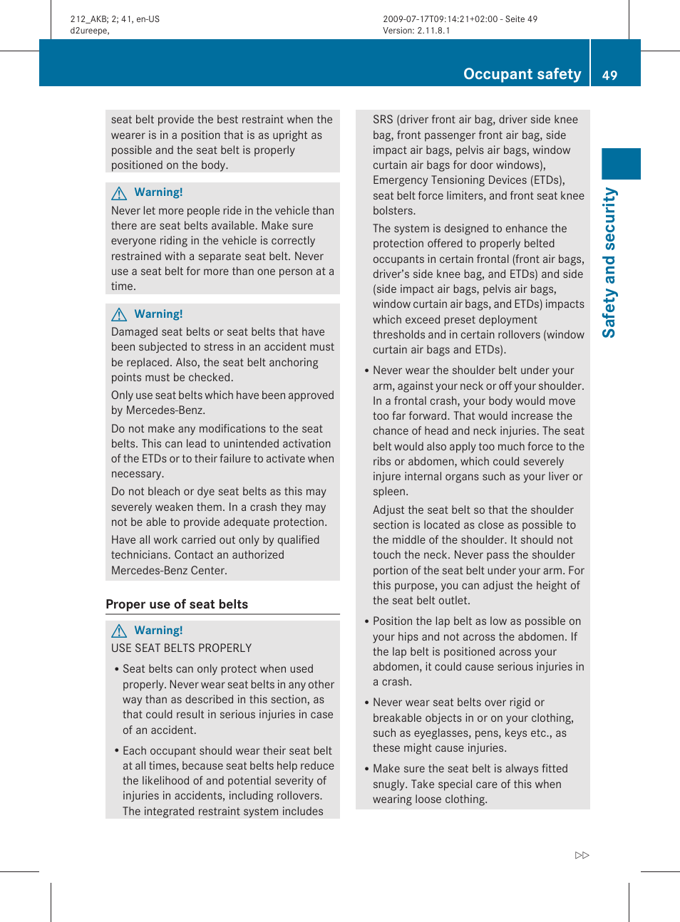 Safety and security, Occupant safety | Mercedes-Benz E-Sedan 2010 Owners Manual User Manual | Page 51 / 372