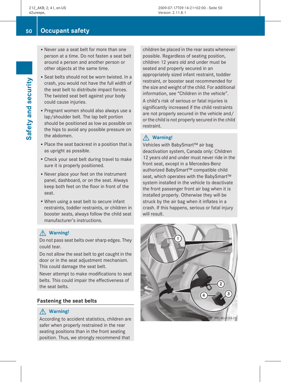 Safety and security, Occupant safety | Mercedes-Benz E-Sedan 2010 Owners Manual User Manual | Page 52 / 372