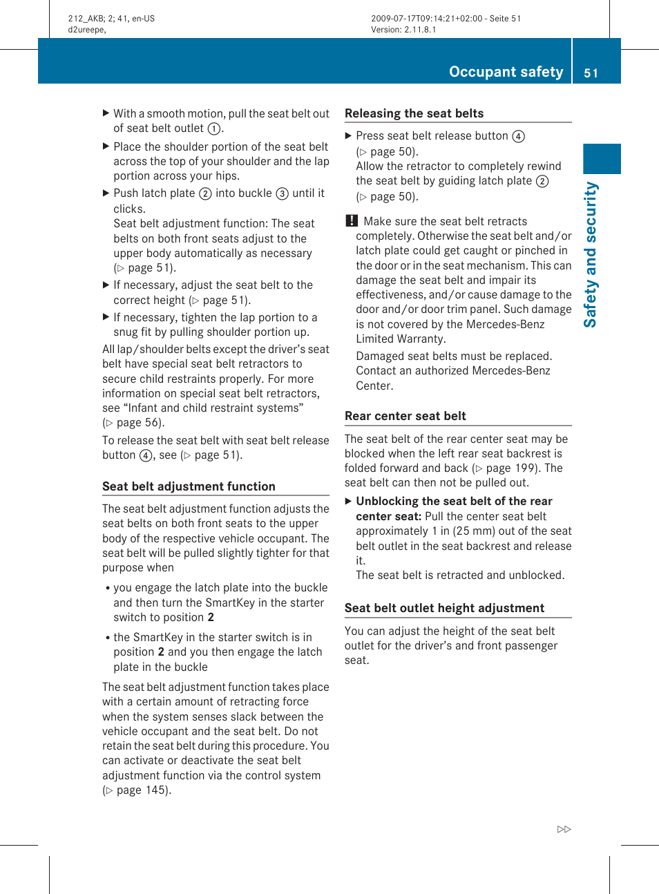 Safety and security, Occupant safety | Mercedes-Benz E-Sedan 2010 Owners Manual User Manual | Page 53 / 372