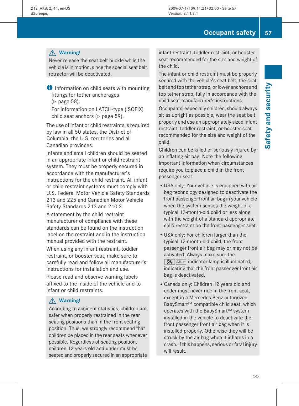 Safety and security, Occupant safety | Mercedes-Benz E-Sedan 2010 Owners Manual User Manual | Page 59 / 372