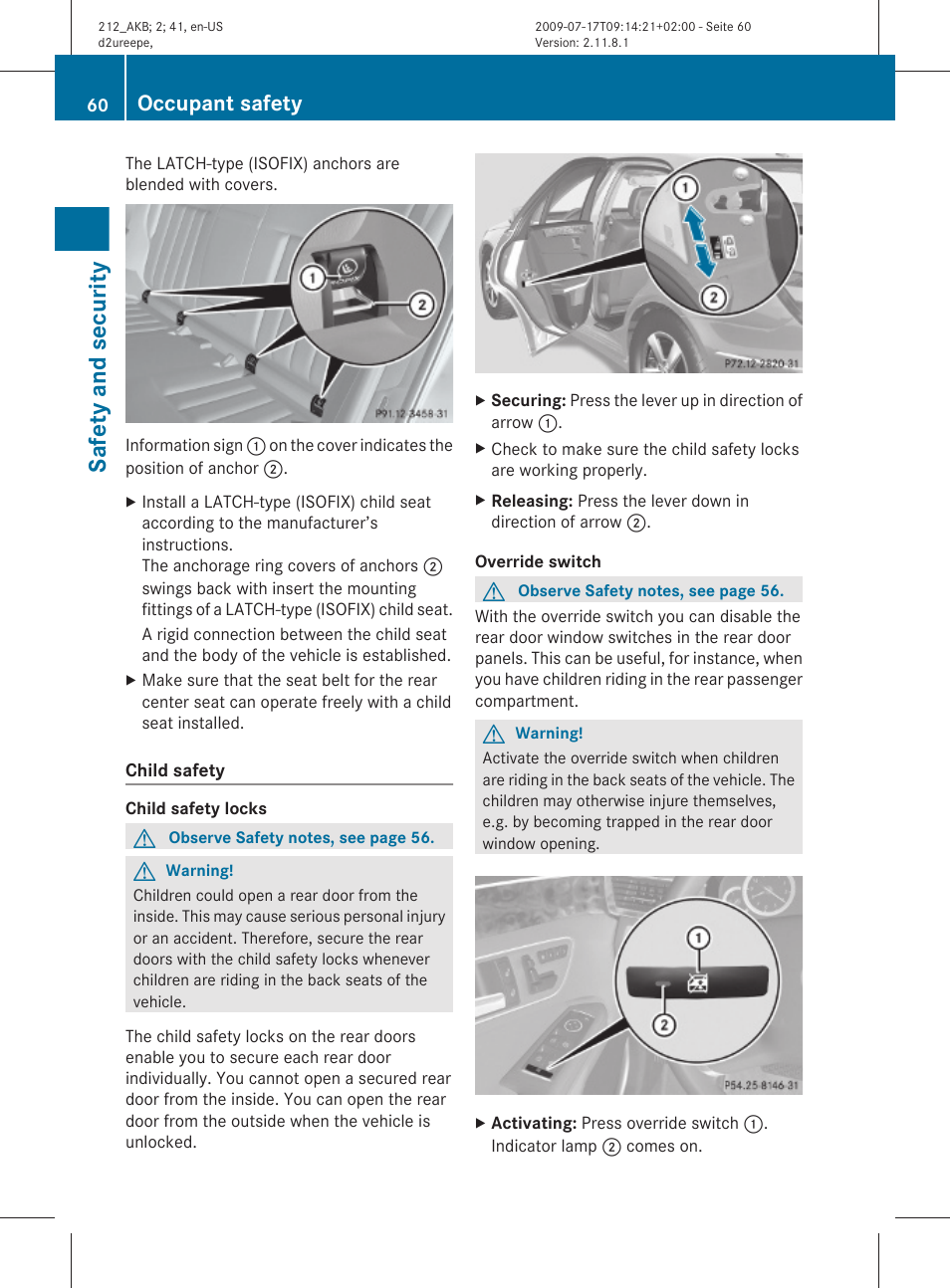 Safety and security, Occupant safety | Mercedes-Benz E-Sedan 2010 Owners Manual User Manual | Page 62 / 372