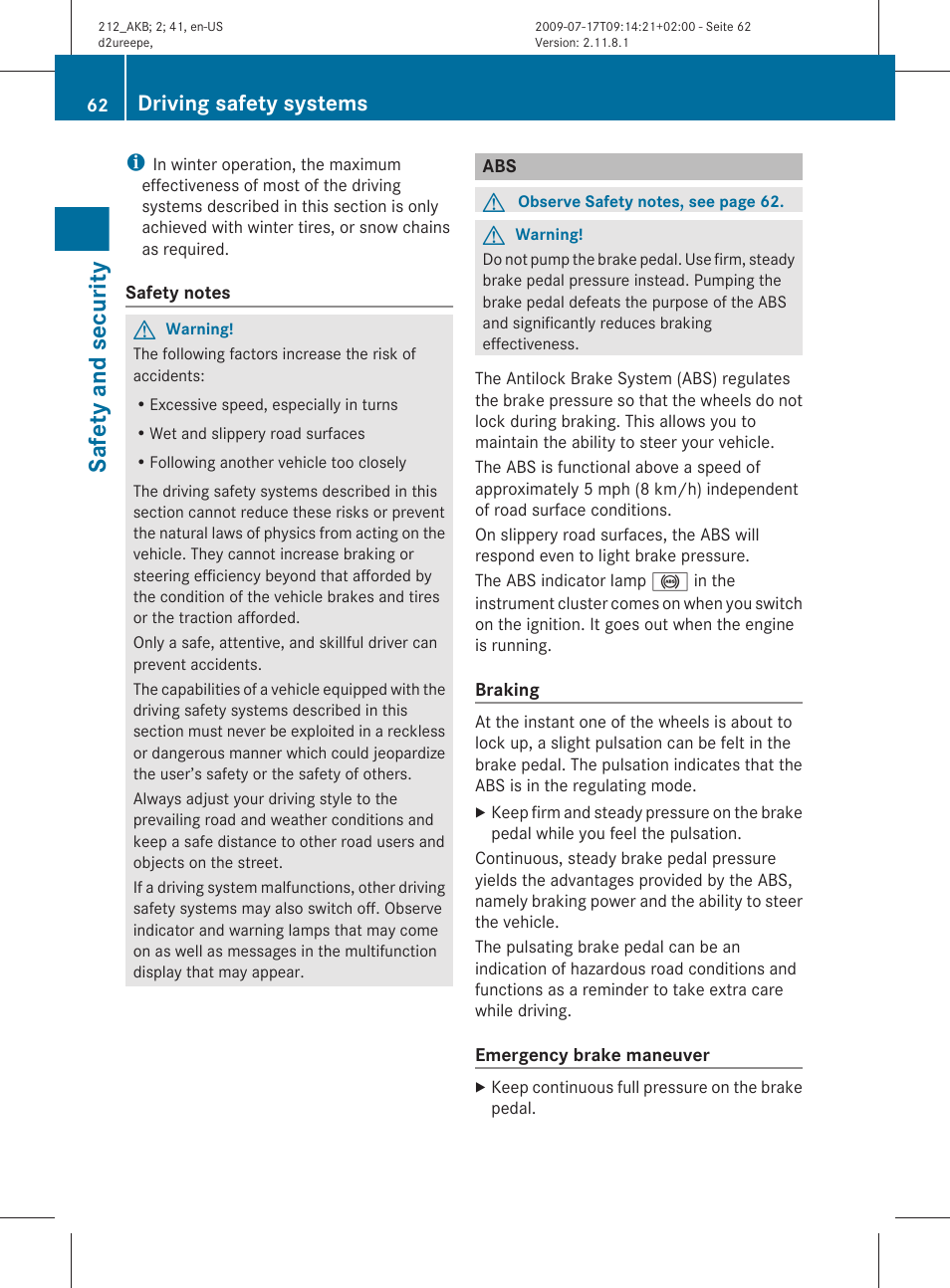 Safety and security, Driving safety systems | Mercedes-Benz E-Sedan 2010 Owners Manual User Manual | Page 64 / 372