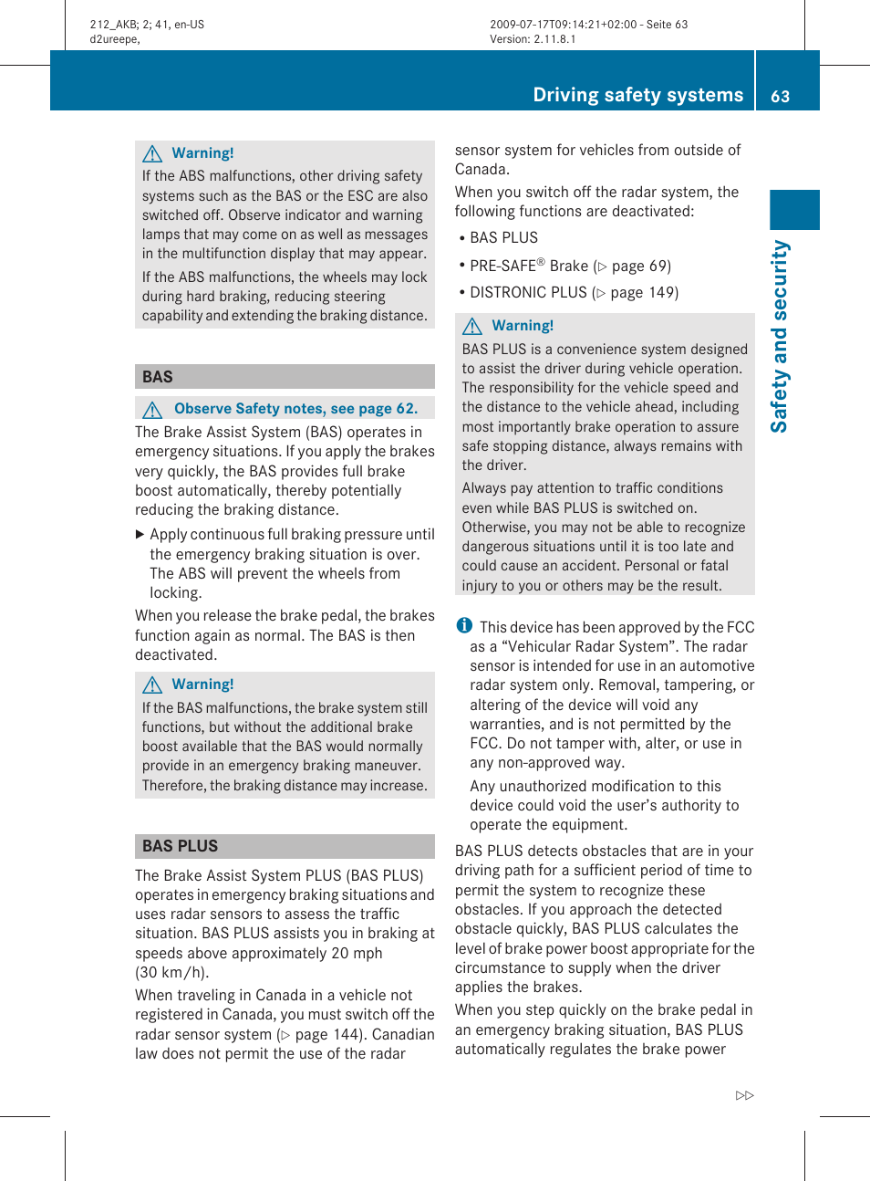 Bas plus, Safety and security, Driving safety systems | Mercedes-Benz E-Sedan 2010 Owners Manual User Manual | Page 65 / 372