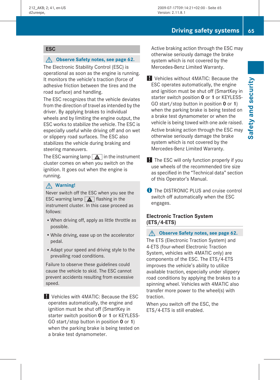 Safety and security, Driving safety systems | Mercedes-Benz E-Sedan 2010 Owners Manual User Manual | Page 67 / 372