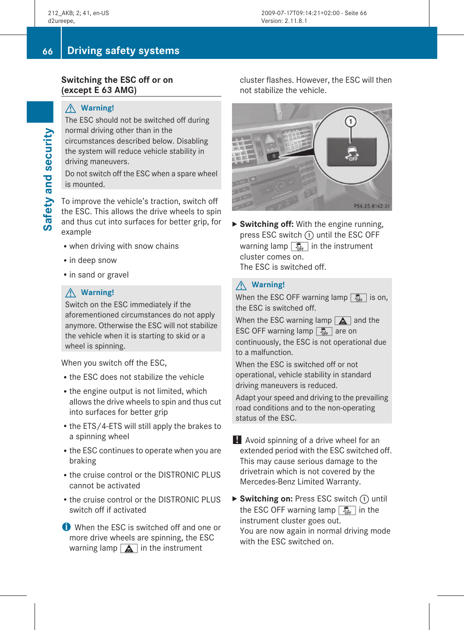 Safety and security, Driving safety systems | Mercedes-Benz E-Sedan 2010 Owners Manual User Manual | Page 68 / 372