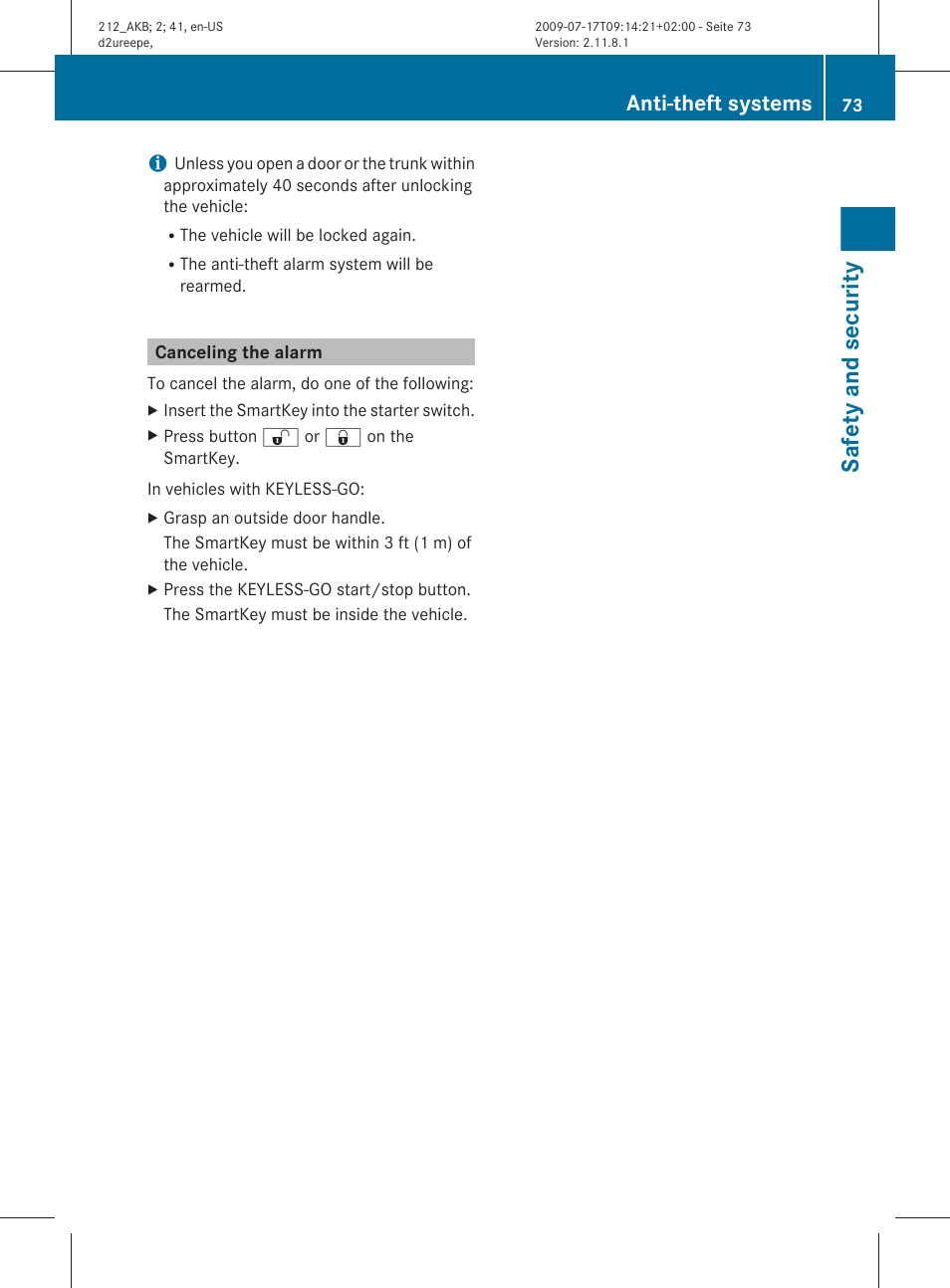 Canceling the alarm, Safety and security, Anti-theft systems | Mercedes-Benz E-Sedan 2010 Owners Manual User Manual | Page 75 / 372