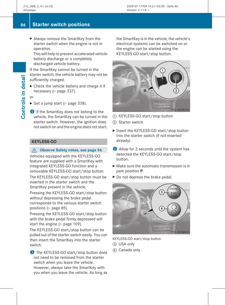 Keyless-go, Controls in detail, Starter switch positions | Mercedes-Benz E-Sedan 2010 Owners Manual User Manual | Page 88 / 372