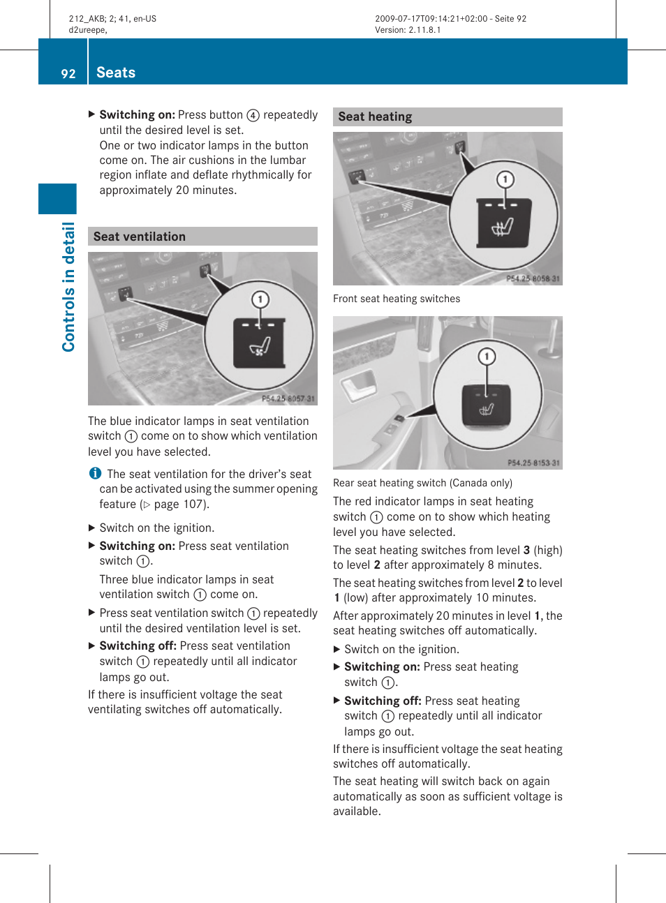 Seat ventilation, Seat heating, Controls in detail | Seats | Mercedes-Benz E-Sedan 2010 Owners Manual User Manual | Page 94 / 372