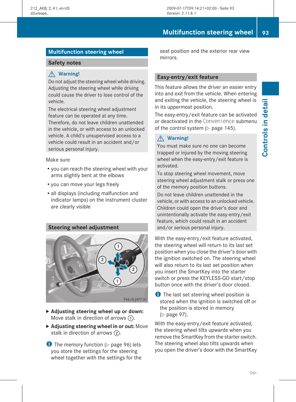 Multifunction steering wheel, Safety notes, Steering wheel adjustment | Easy-entry/exit feature, Controls in detail | Mercedes-Benz E-Sedan 2010 Owners Manual User Manual | Page 95 / 372