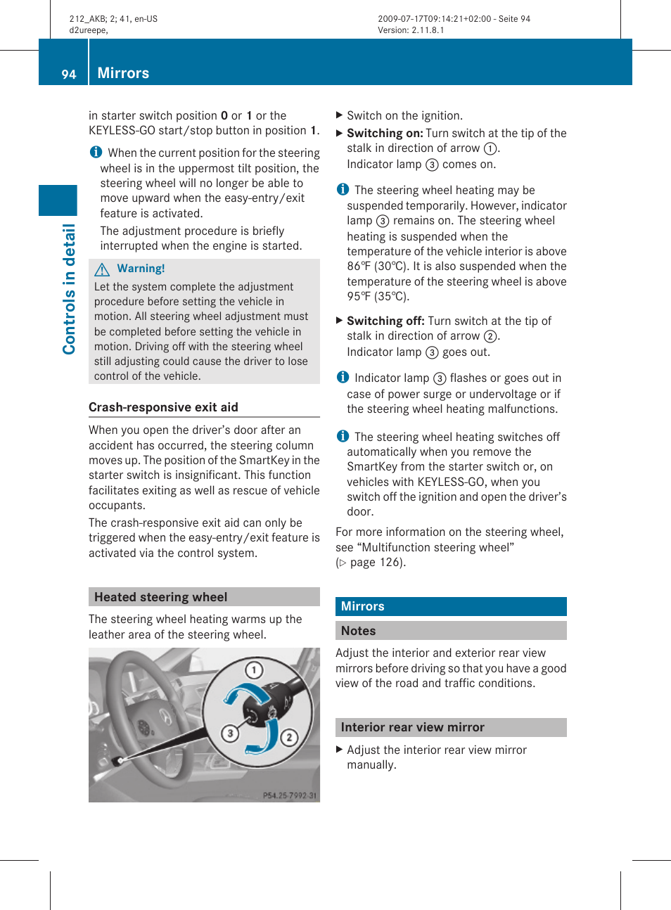 Heated steering wheel, Mirrors, Notes | Interior rear view mirror, Controls in detail | Mercedes-Benz E-Sedan 2010 Owners Manual User Manual | Page 96 / 372