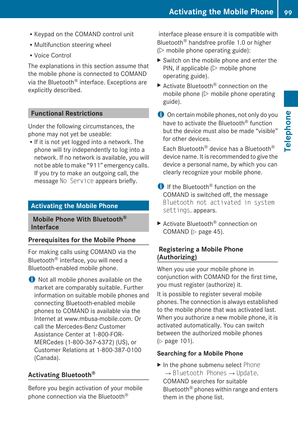 Functional restrictions, Activating the mobile phone, Mobile phone with bluetooth® interface | Telephone | Mercedes-Benz E-Coupe 2010 COMAND Manual User Manual | Page 101 / 224