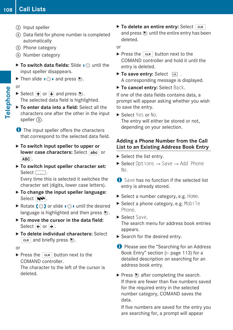 Telephone, Call lists | Mercedes-Benz E-Coupe 2010 COMAND Manual User Manual | Page 110 / 224