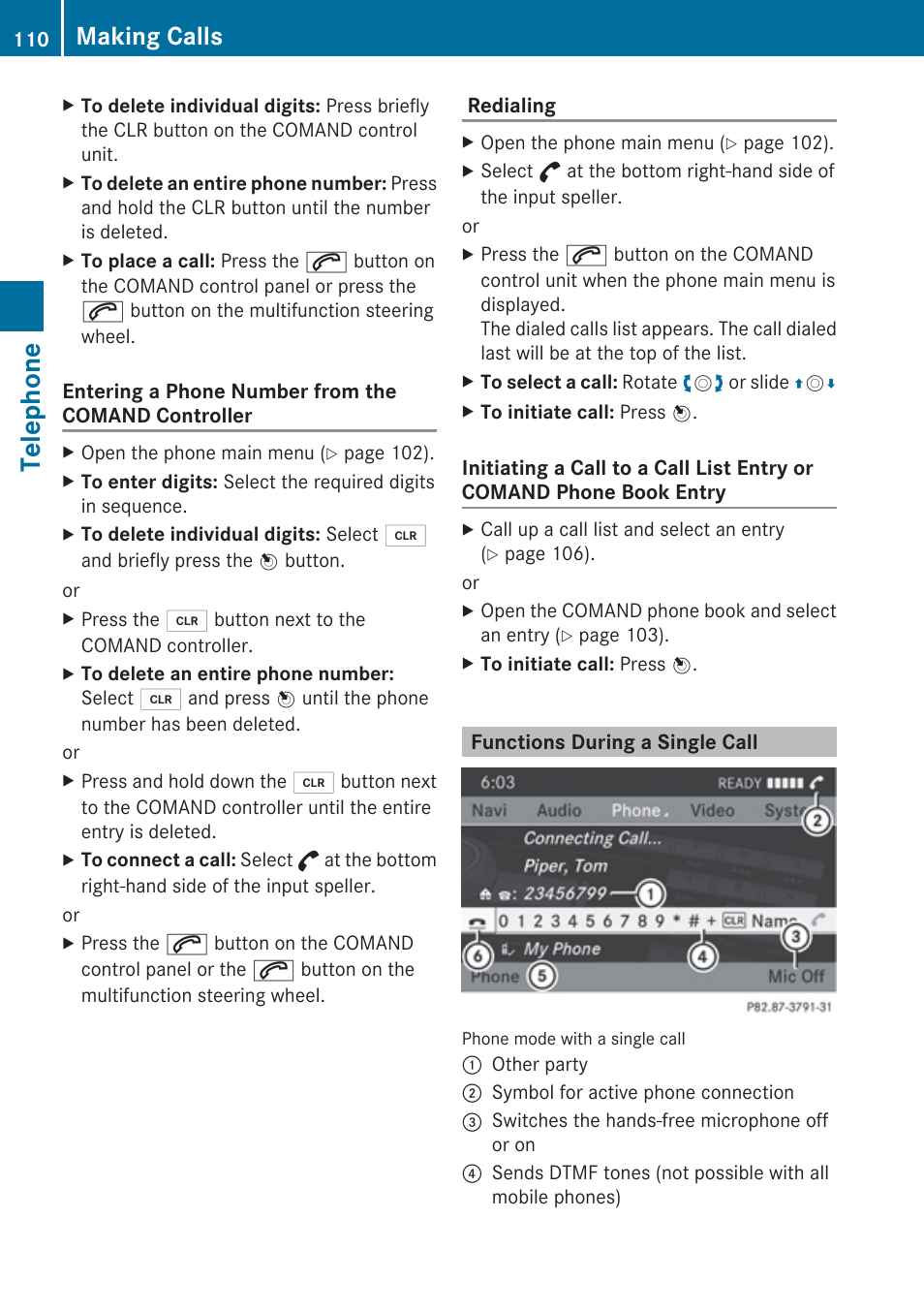 Functions during a single call, Telephone, Making calls | Mercedes-Benz E-Coupe 2010 COMAND Manual User Manual | Page 112 / 224