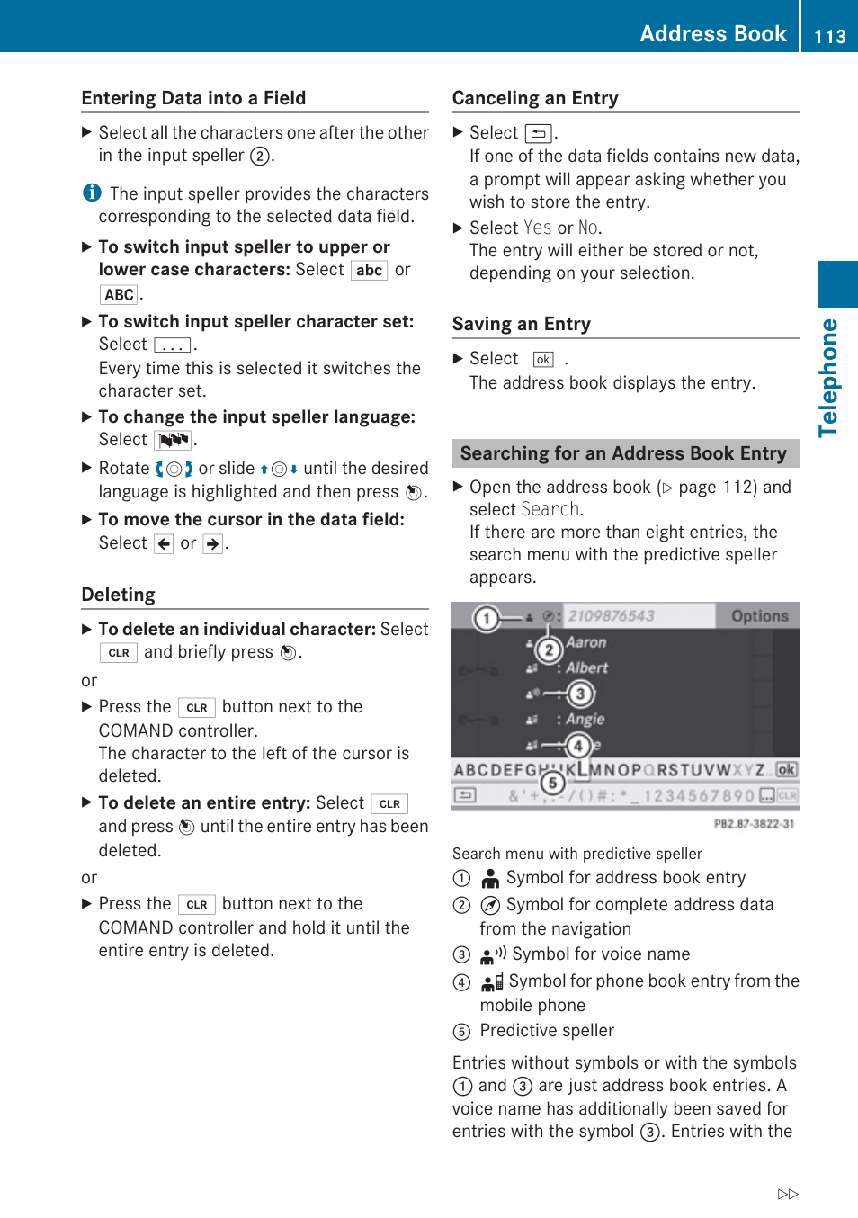 Searching for an address book entry, Telephone, Address book | Mercedes-Benz E-Coupe 2010 COMAND Manual User Manual | Page 115 / 224