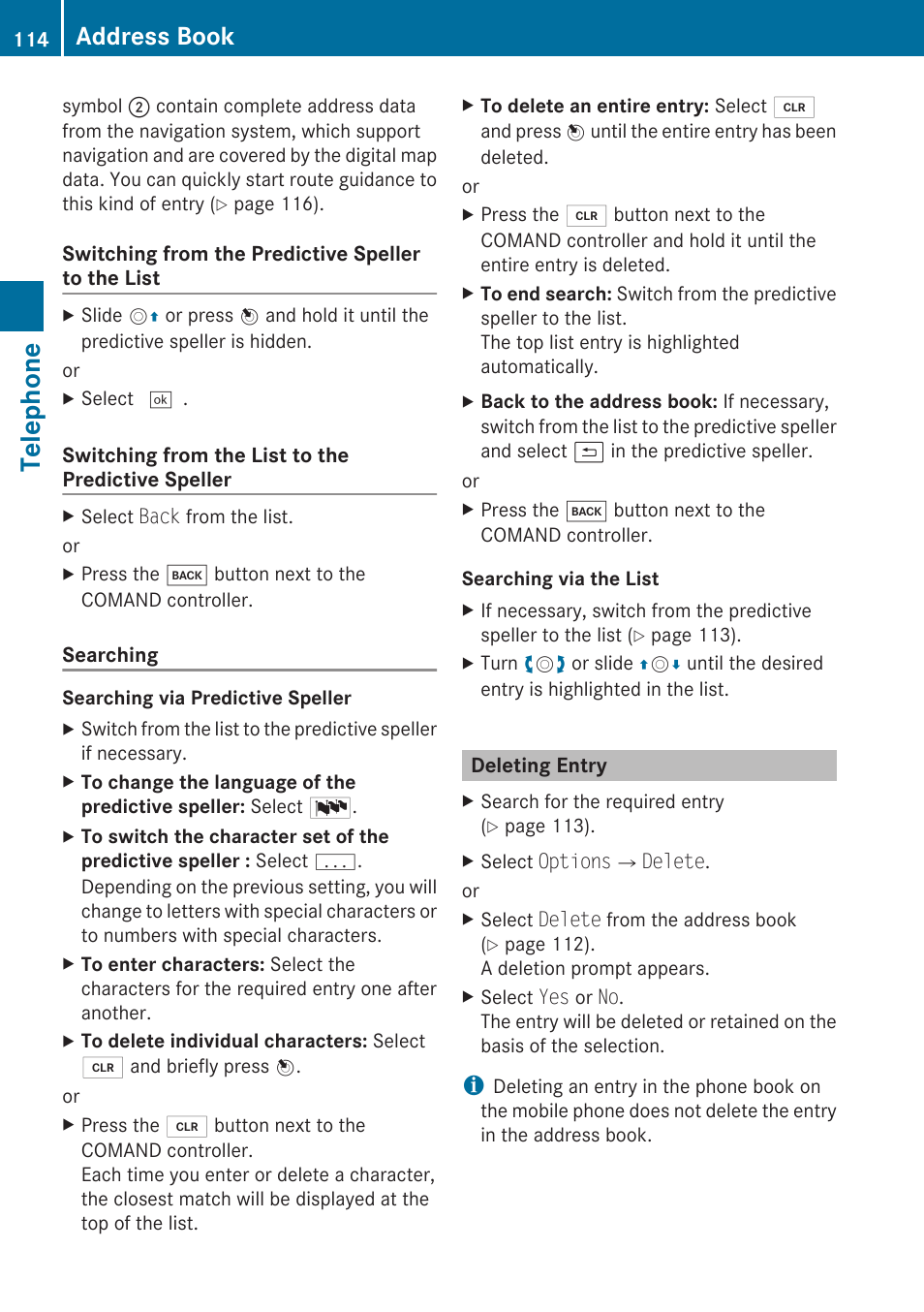 Deleting entry, Telephone, Address book | Mercedes-Benz E-Coupe 2010 COMAND Manual User Manual | Page 116 / 224