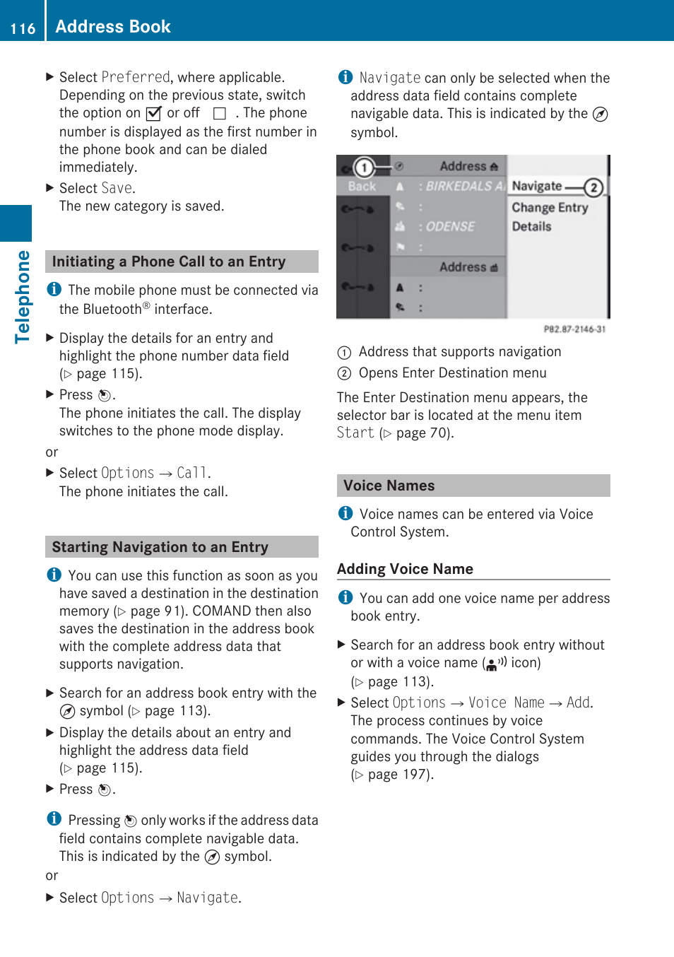 Initiating a phone call to an entry, Starting navigation to an entry, Voice names | This kind of entry, Telephone, Address book | Mercedes-Benz E-Coupe 2010 COMAND Manual User Manual | Page 118 / 224
