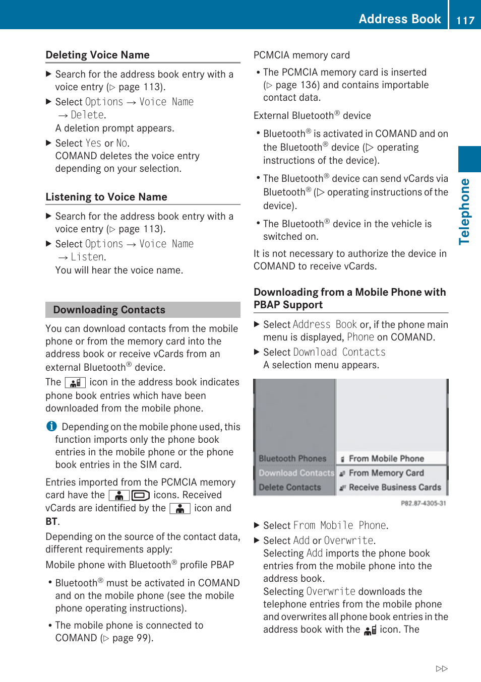 Downloading contacts, Telephone, Address book | Mercedes-Benz E-Coupe 2010 COMAND Manual User Manual | Page 119 / 224