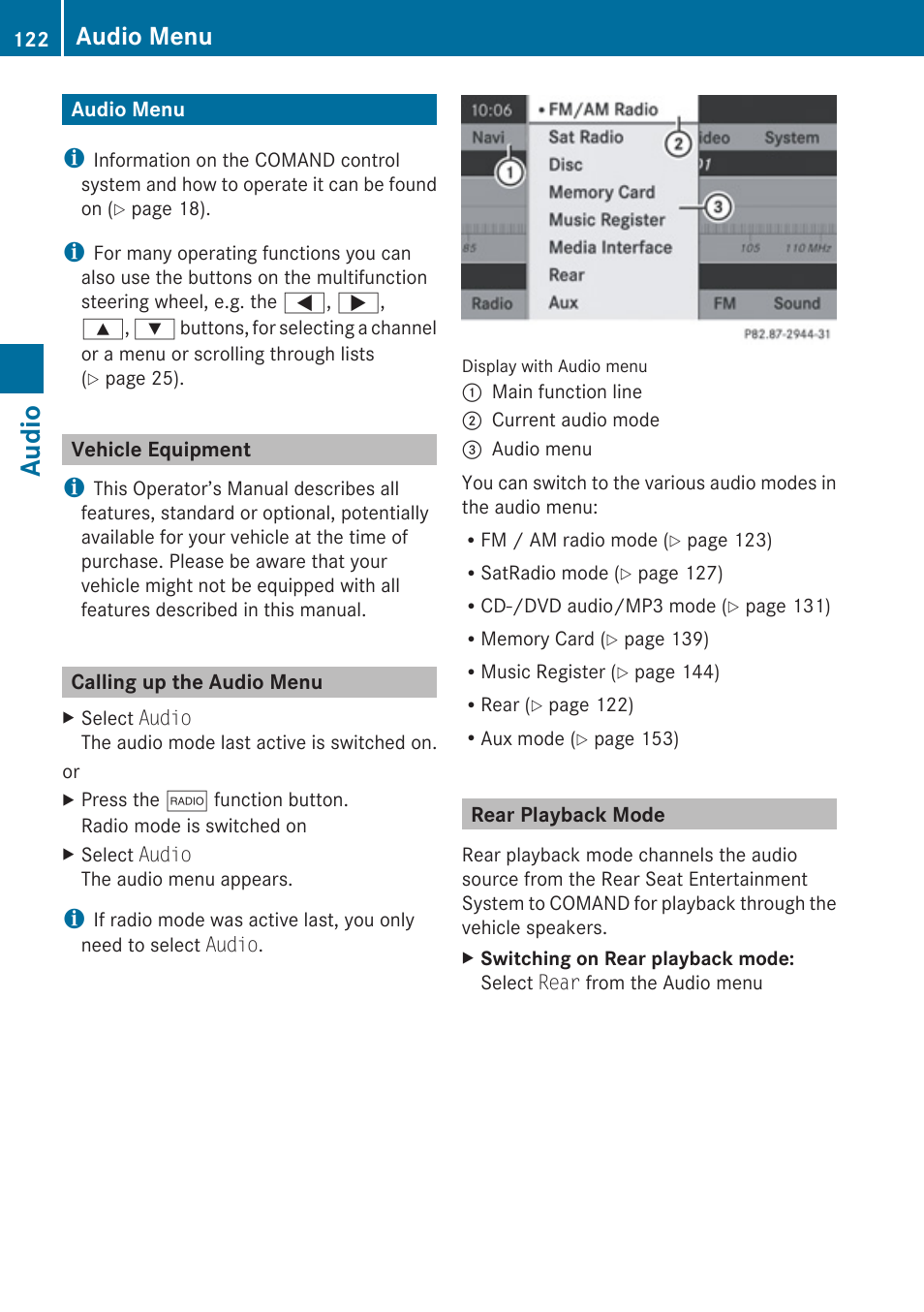 Audio, Audio menu, Vehicle equipment | Calling up the audio menu, Rear playback mode | Mercedes-Benz E-Coupe 2010 COMAND Manual User Manual | Page 124 / 224