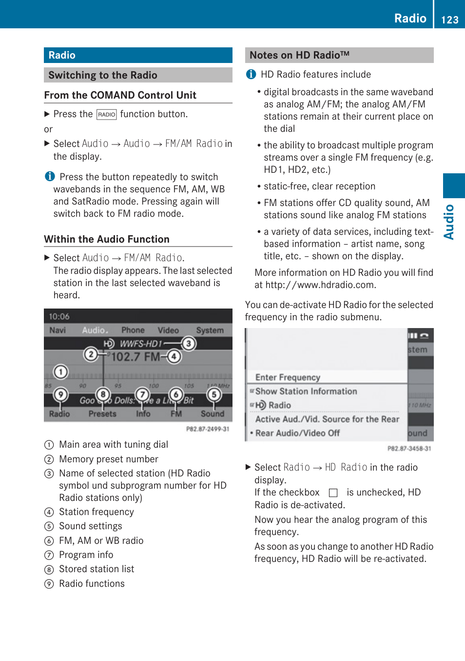 Radio, Switching to the radio, Notes on hd radio | Fm / am radio mode, Audio | Mercedes-Benz E-Coupe 2010 COMAND Manual User Manual | Page 125 / 224