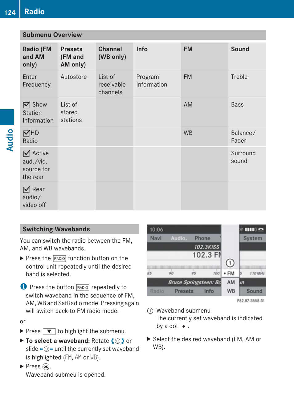 Submenu overview, Switching wavebands, Audio | Radio | Mercedes-Benz E-Coupe 2010 COMAND Manual User Manual | Page 126 / 224