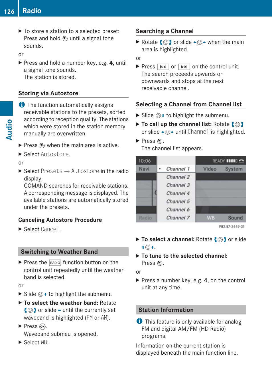 Switching to weather band, Station information, Audio | Radio | Mercedes-Benz E-Coupe 2010 COMAND Manual User Manual | Page 128 / 224