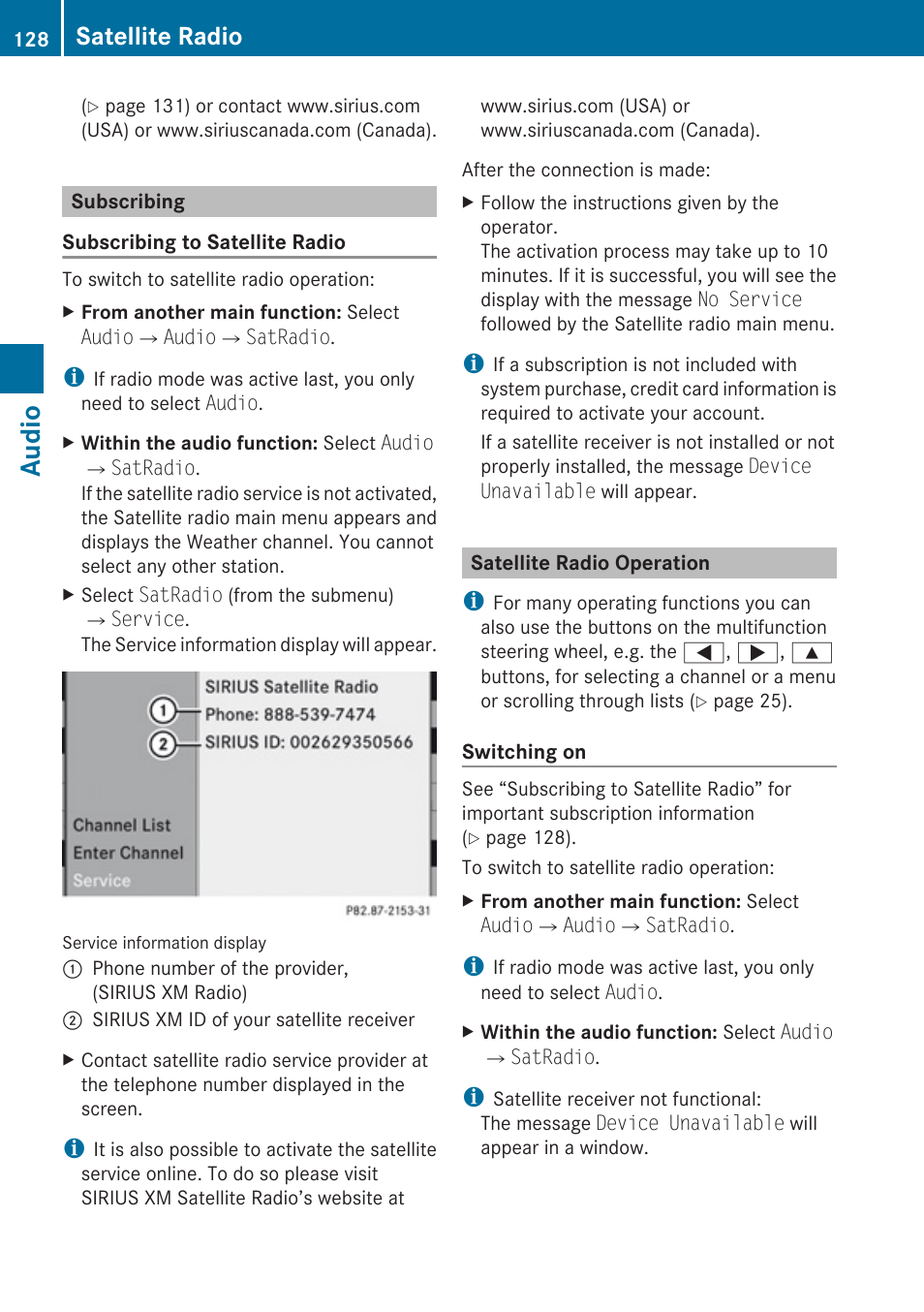 Subscribing, Satellite radio operation, Audio | Satellite radio | Mercedes-Benz E-Coupe 2010 COMAND Manual User Manual | Page 130 / 224