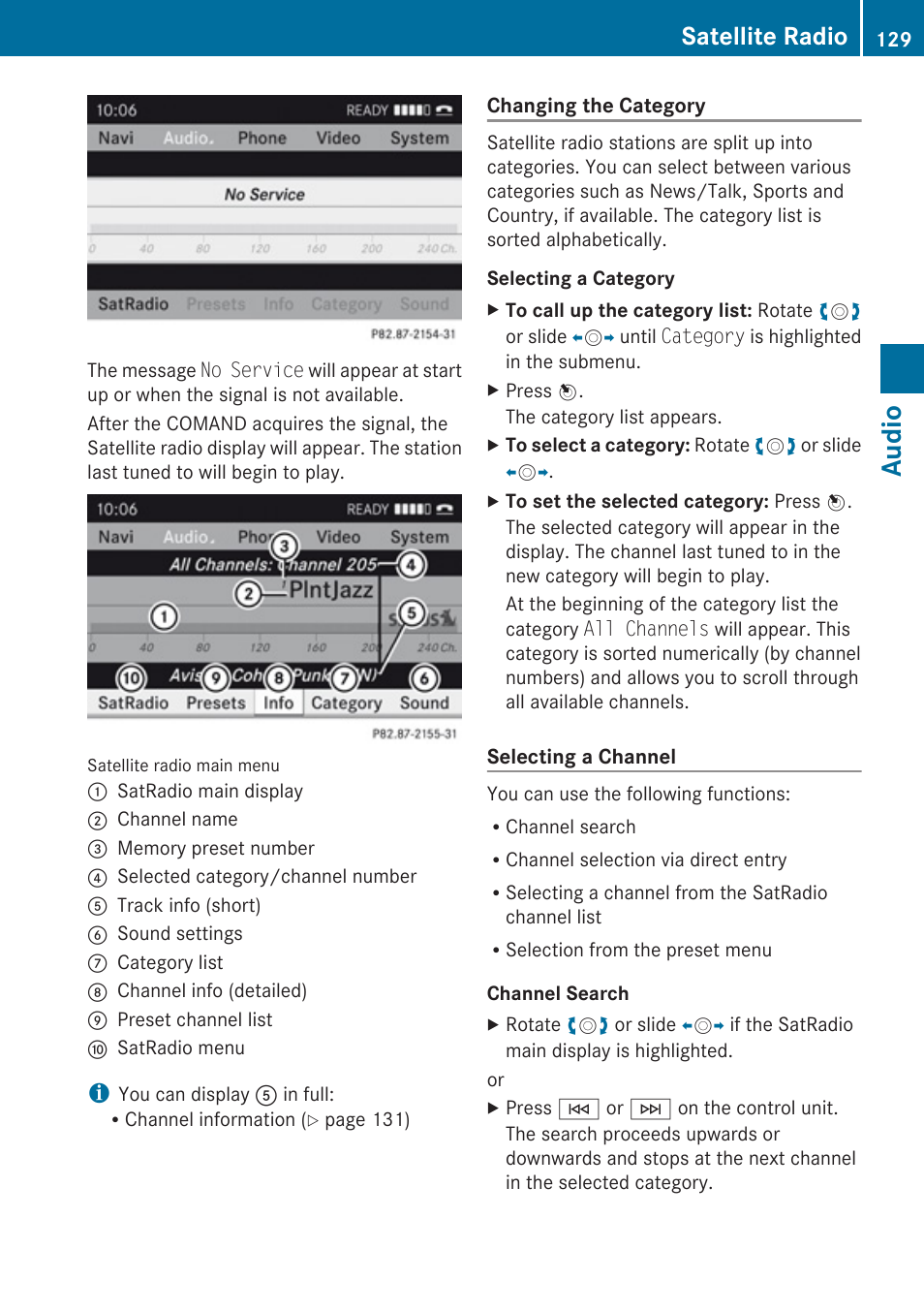 Audio, Satellite radio | Mercedes-Benz E-Coupe 2010 COMAND Manual User Manual | Page 131 / 224