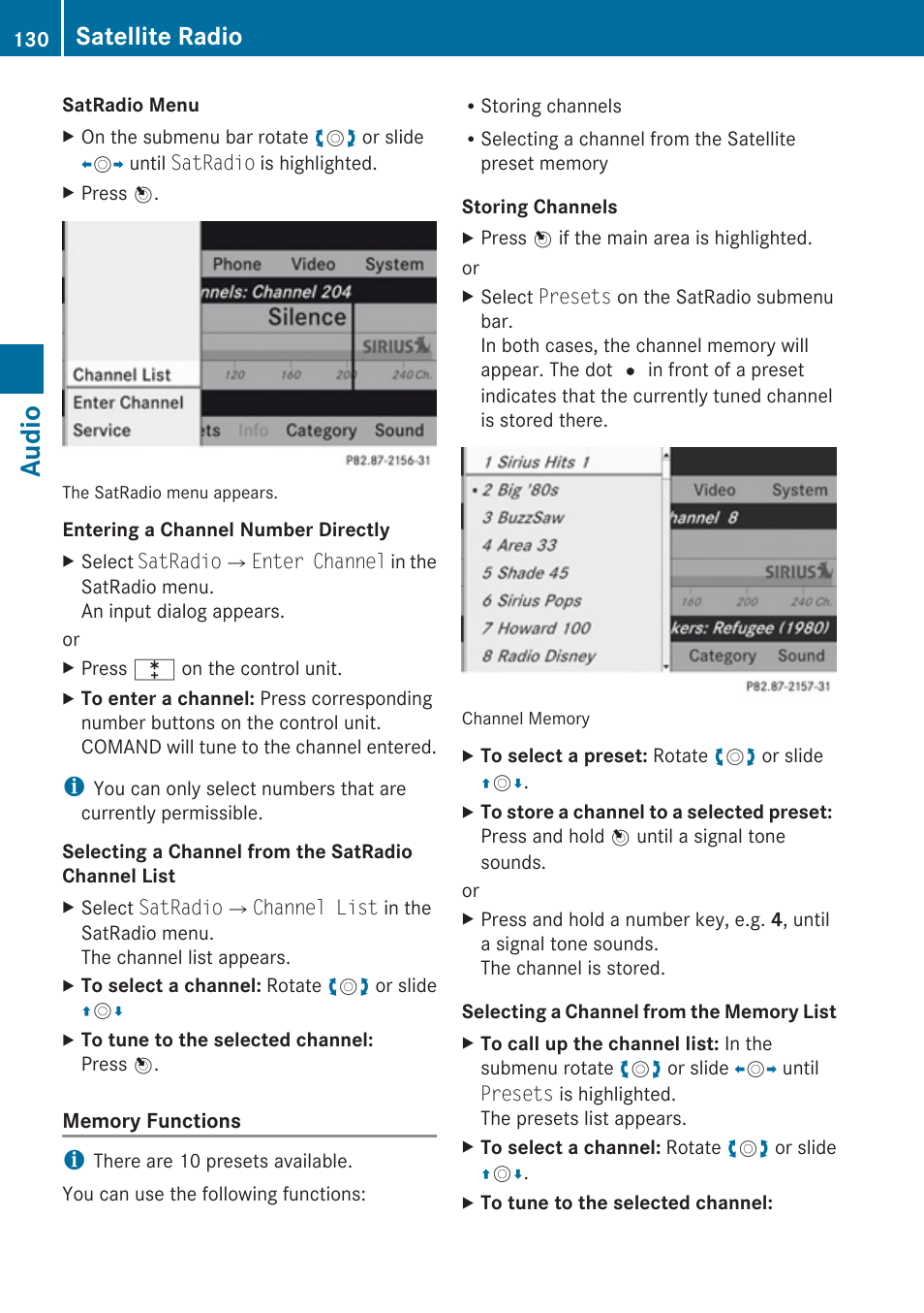 Audio, Satellite radio | Mercedes-Benz E-Coupe 2010 COMAND Manual User Manual | Page 132 / 224