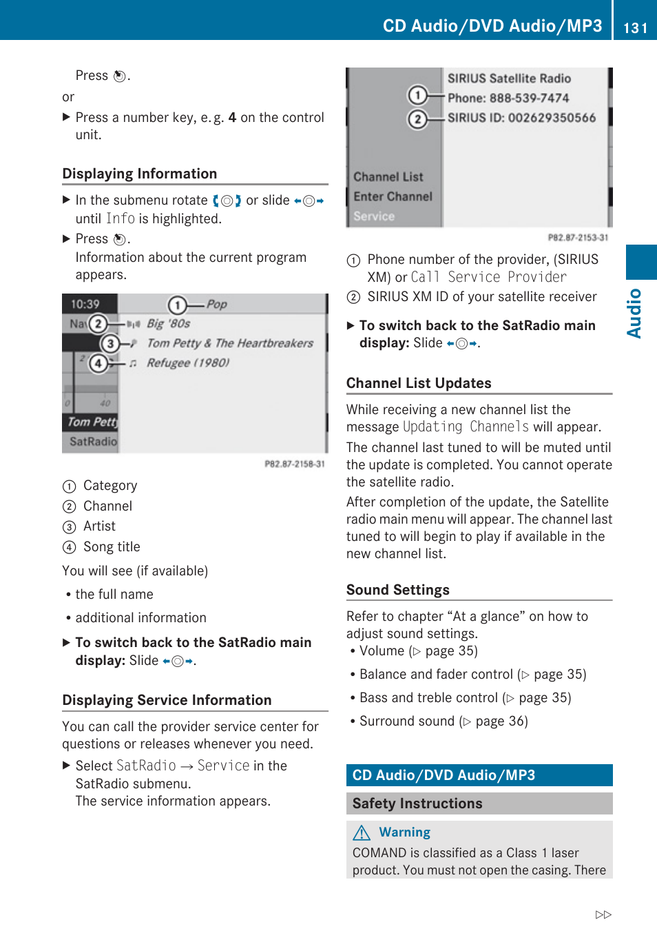 Cd audio/dvd audio/mp3, Safety instructions, Cd-/dvd audio/mp3 mode | Audio | Mercedes-Benz E-Coupe 2010 COMAND Manual User Manual | Page 133 / 224