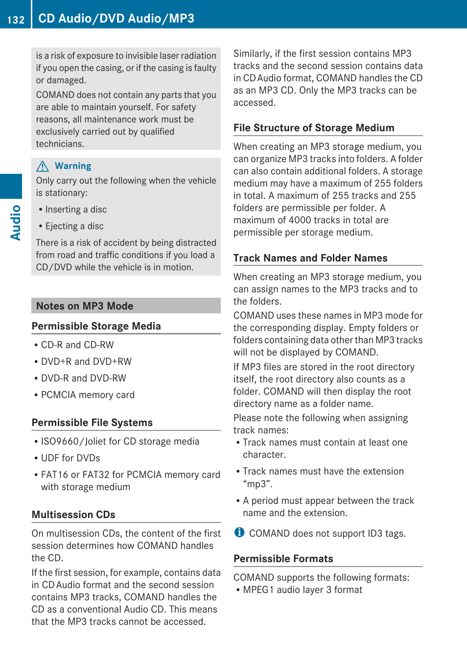 Notes on mp3 mode, Audio, Cd audio/dvd audio/mp3 | Mercedes-Benz E-Coupe 2010 COMAND Manual User Manual | Page 134 / 224