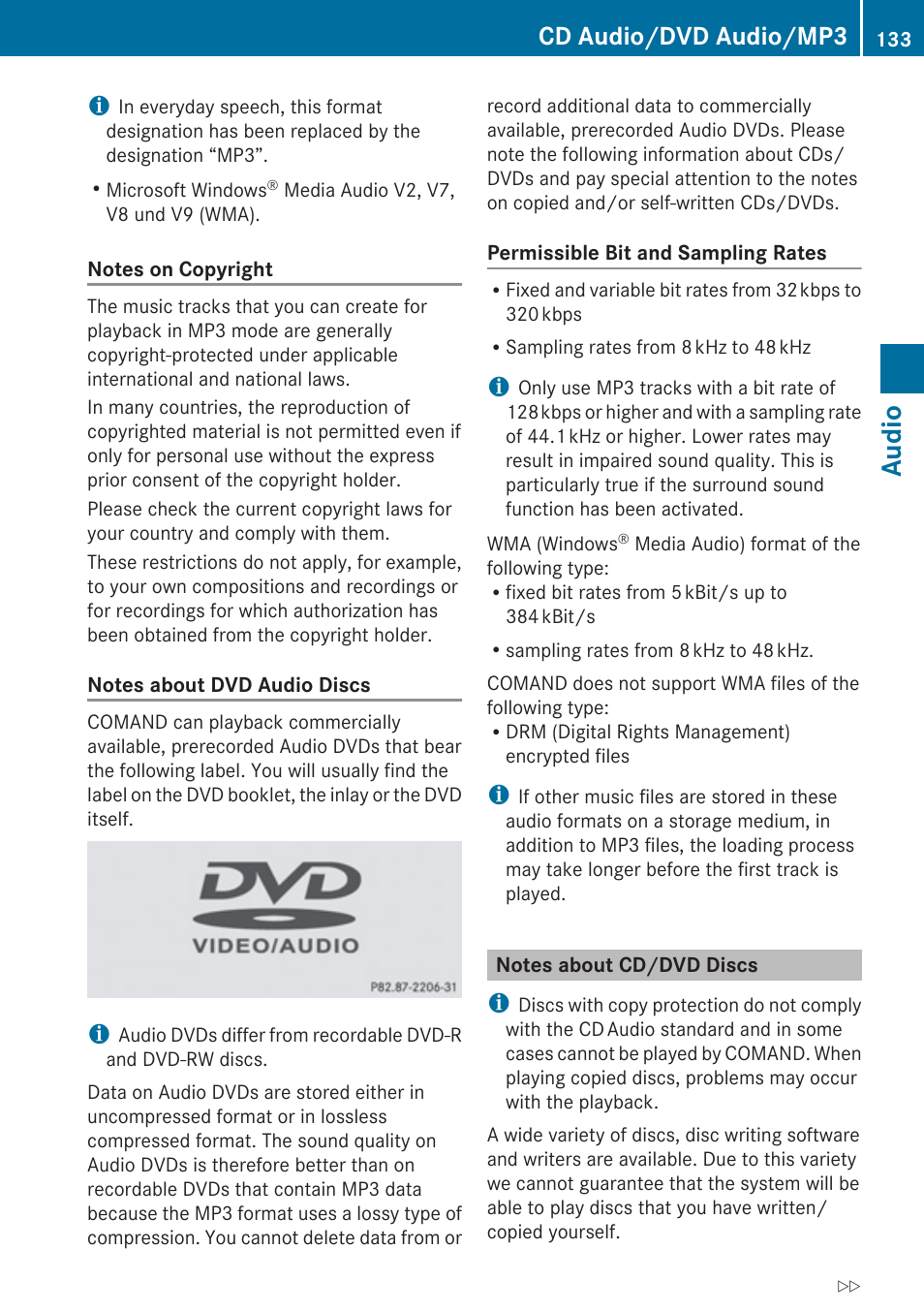 Notes about cd/dvd discs, Audio, Cd audio/dvd audio/mp3 | Mercedes-Benz E-Coupe 2010 COMAND Manual User Manual | Page 135 / 224