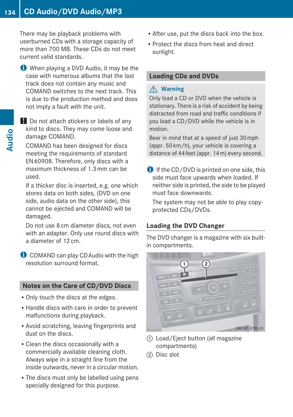 Notes on the care of cd/dvd discs, Loading cds and dvds, Audio | Cd audio/dvd audio/mp3 | Mercedes-Benz E-Coupe 2010 COMAND Manual User Manual | Page 136 / 224