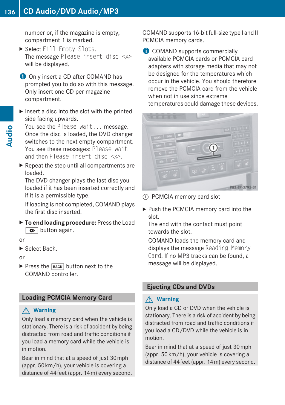 Loading pcmcia memory card, Ejecting cds and dvds, Audio | Cd audio/dvd audio/mp3 | Mercedes-Benz E-Coupe 2010 COMAND Manual User Manual | Page 138 / 224